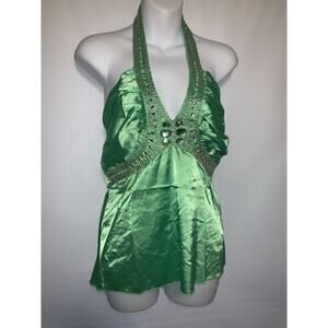 Y2k Green Satin Halter Top Size Medium Bejeweled Neck DEADSTOCK